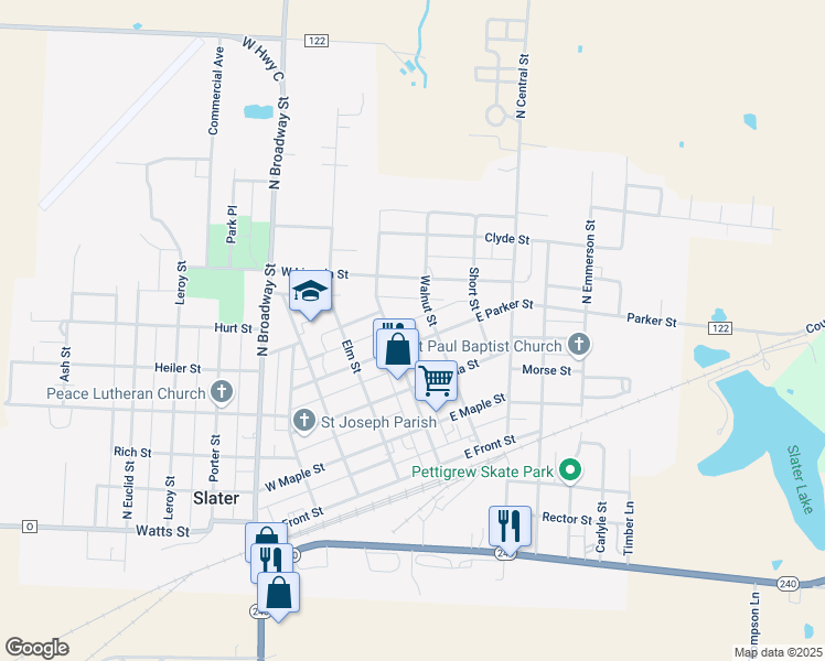 map of restaurants, bars, coffee shops, grocery stores, and more near 401-433 Walnut Street in Slater