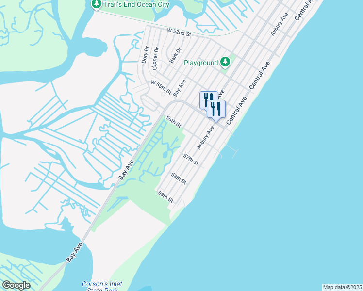 map of restaurants, bars, coffee shops, grocery stores, and more near 5609-33 Haven Avenue in Ocean City