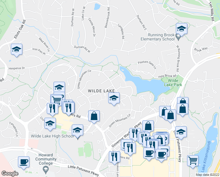 map of restaurants, bars, coffee shops, grocery stores, and more near 10509 William Tell Lane in Columbia