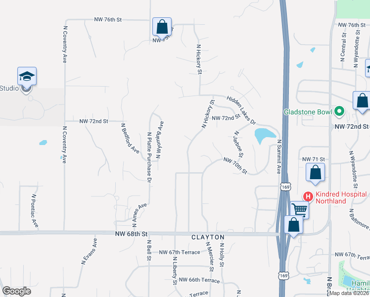 map of restaurants, bars, coffee shops, grocery stores, and more near 1401 Northwest 71st Court in Kansas City
