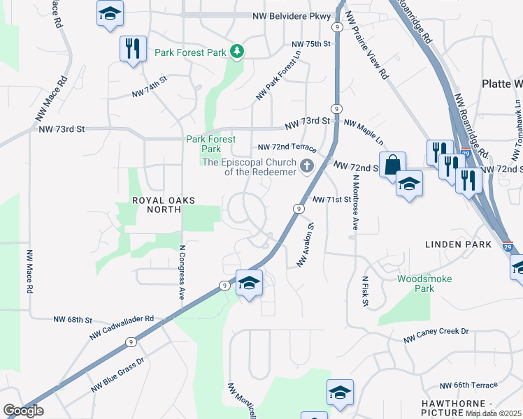map of restaurants, bars, coffee shops, grocery stores, and more near 7120 Northwest Chapel Woods Lane in Kansas City