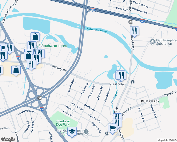 map of restaurants, bars, coffee shops, grocery stores, and more near 308 Nursery Road in Linthicum Heights