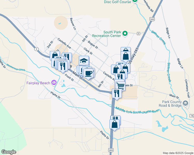 map of restaurants, bars, coffee shops, grocery stores, and more near 813 Castello Avenue in Fairplay
