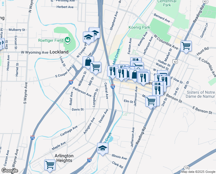map of restaurants, bars, coffee shops, grocery stores, and more near 228 Patterson Avenue in Cincinnati