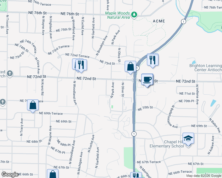 map of restaurants, bars, coffee shops, grocery stores, and more near 7108 North Park Avenue in Gladstone