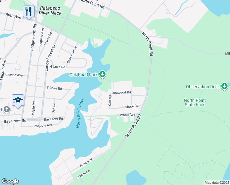 map of restaurants, bars, coffee shops, grocery stores, and more near 8000 Dogwood Road in Edgemere