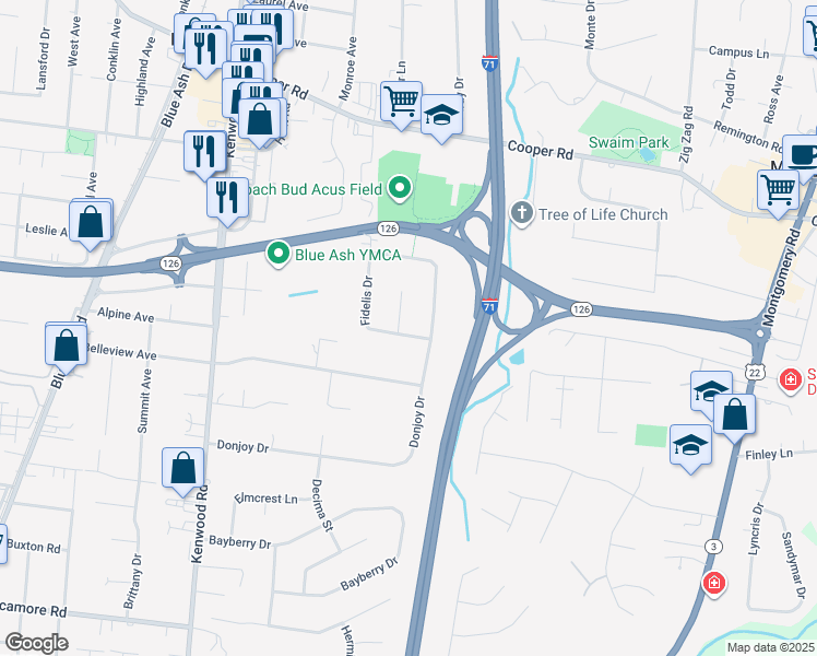 map of restaurants, bars, coffee shops, grocery stores, and more near 9124 Scamper Lane in Cincinnati