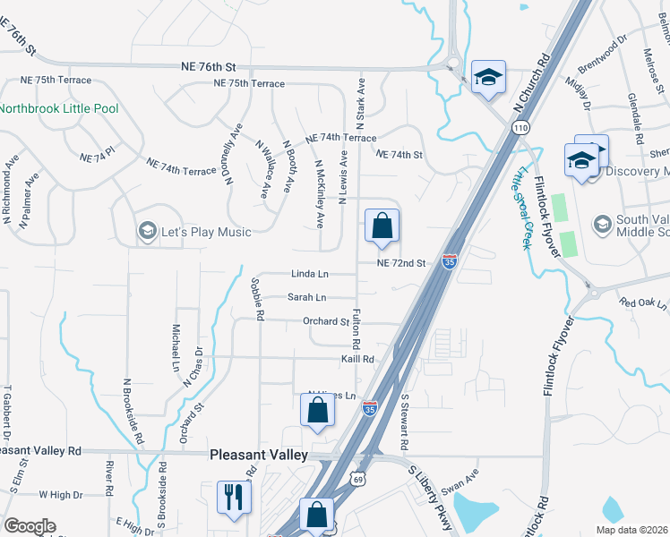map of restaurants, bars, coffee shops, grocery stores, and more near 8635 Northeast 72nd Terrace in Kansas City