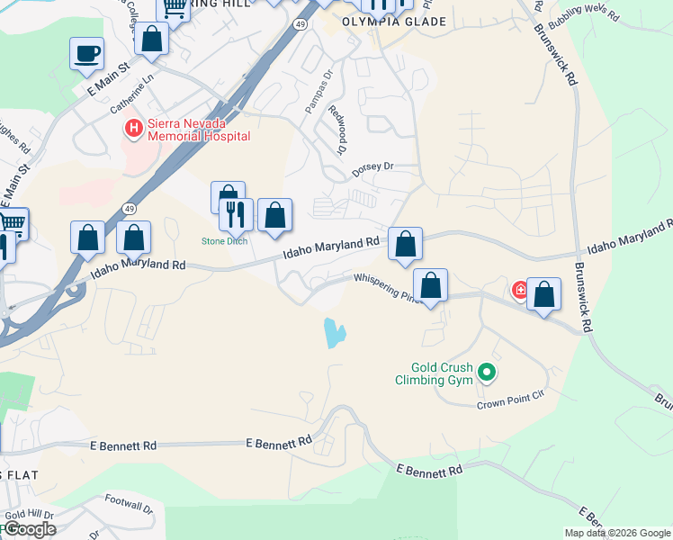 map of restaurants, bars, coffee shops, grocery stores, and more near 880 Whispering Pines Lane in Grass Valley