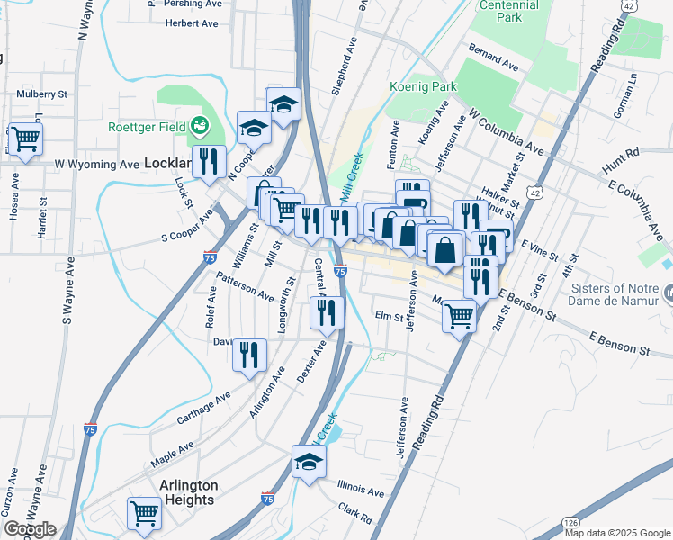 map of restaurants, bars, coffee shops, grocery stores, and more near 228 Patterson Avenue in Cincinnati