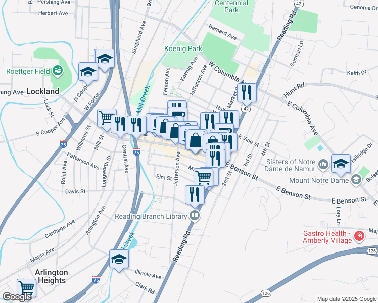 map of restaurants, bars, coffee shops, grocery stores, and more near 210 West Benson Street in Reading