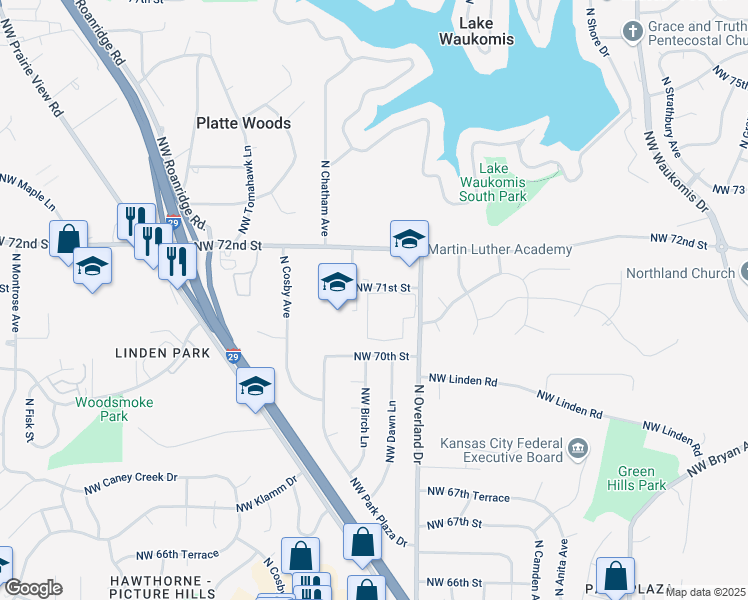 map of restaurants, bars, coffee shops, grocery stores, and more near 5527 Dawn Lane in Kansas City
