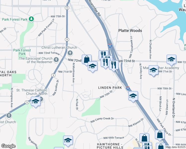 map of restaurants, bars, coffee shops, grocery stores, and more near 6501 Northwest 72nd Street in Kansas City