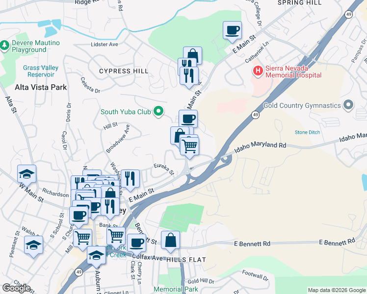 map of restaurants, bars, coffee shops, grocery stores, and more near 544 East Main Street in Grass Valley