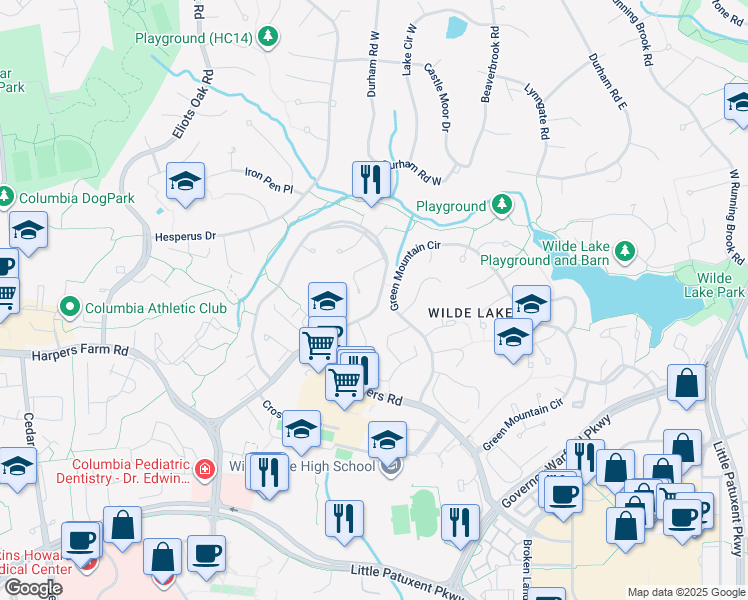 map of restaurants, bars, coffee shops, grocery stores, and more near 10563 Faulkner Ridge Circle in Columbia