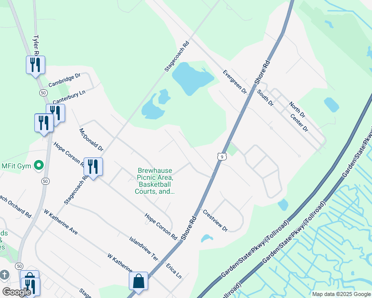 map of restaurants, bars, coffee shops, grocery stores, and more near 11 Ortlieb Lane in Upper Township