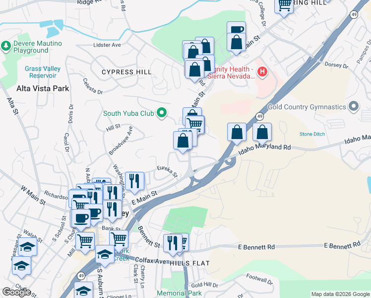 map of restaurants, bars, coffee shops, grocery stores, and more near 544 East Main Street in Grass Valley