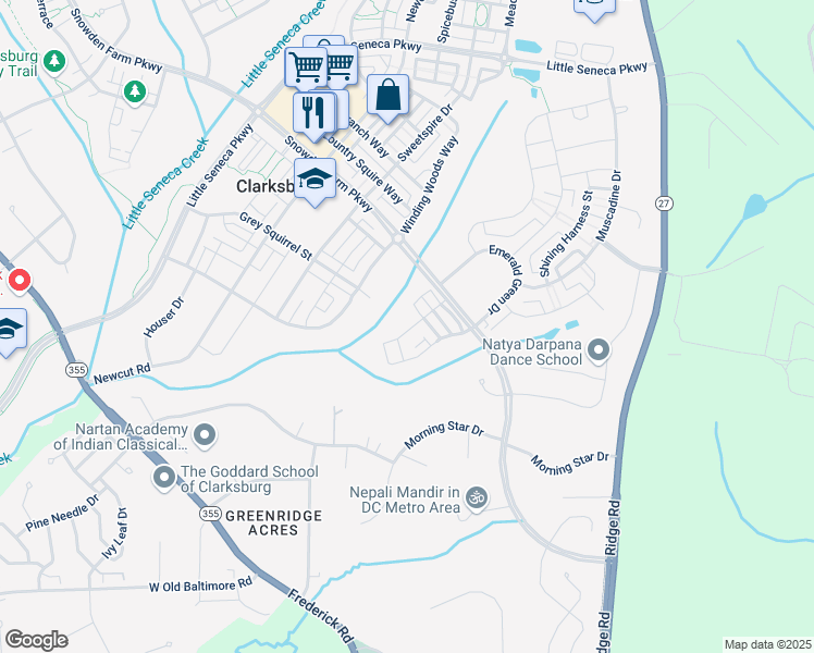 map of restaurants, bars, coffee shops, grocery stores, and more near 22330 Honey Hill Lane in Clarksburg