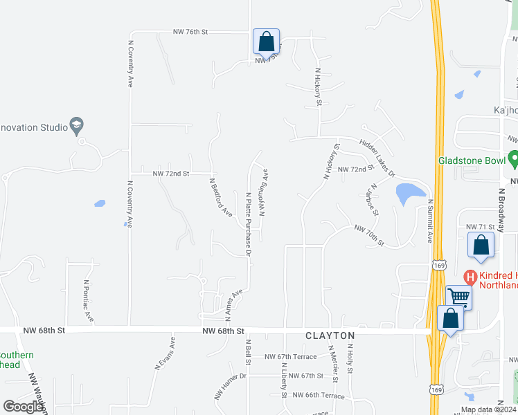 map of restaurants, bars, coffee shops, grocery stores, and more near 7122 North Wyoming Avenue in Kansas City