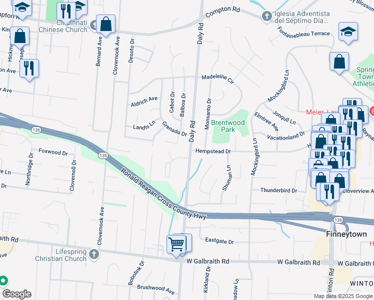 map of restaurants, bars, coffee shops, grocery stores, and more near 8601 Daly Road in Cincinnati