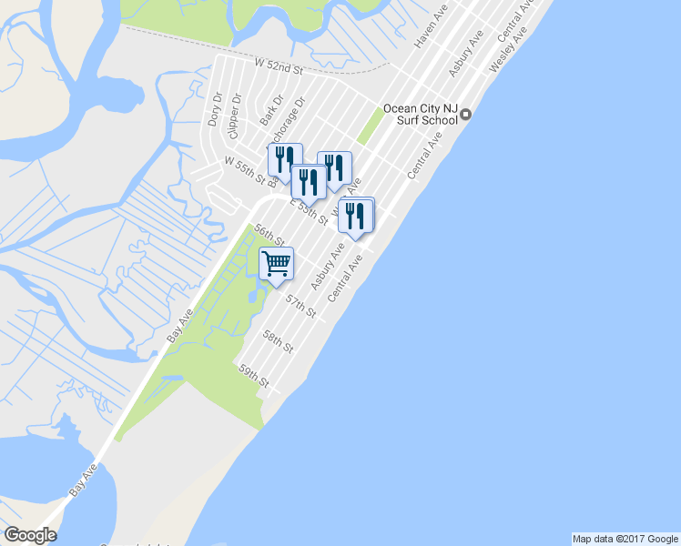 map of restaurants, bars, coffee shops, grocery stores, and more near 5540 Central Avenue in Ocean City