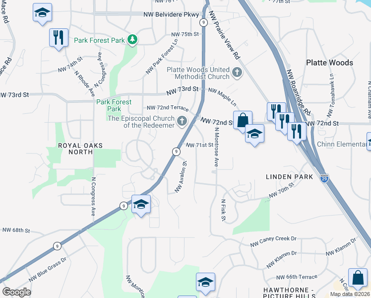 map of restaurants, bars, coffee shops, grocery stores, and more near 6821 NW 71st St in Parkville