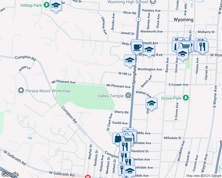 map of restaurants, bars, coffee shops, grocery stores, and more near 69 Mount Pleasant Avenue in Cincinnati