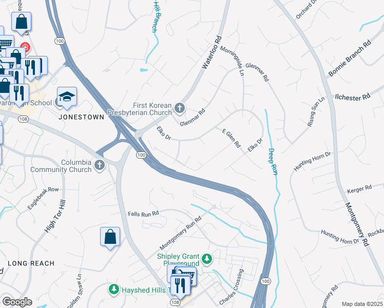 map of restaurants, bars, coffee shops, grocery stores, and more near 8386 Mitzy Lane in Ellicott City