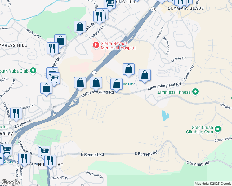 map of restaurants, bars, coffee shops, grocery stores, and more near 563 Idaho Maryland Road in Grass Valley