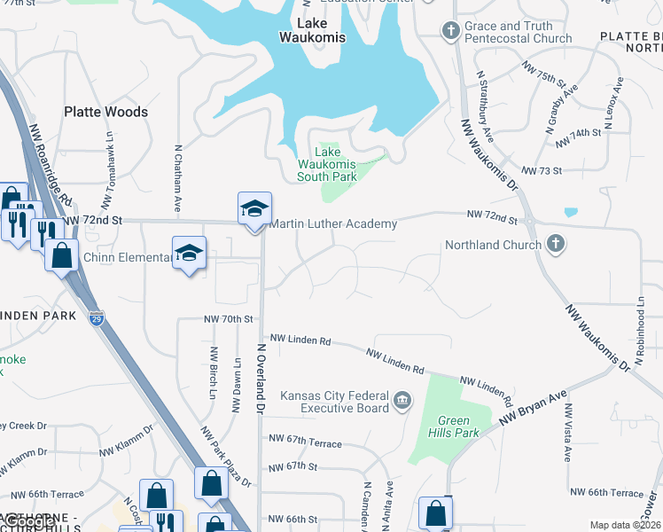 map of restaurants, bars, coffee shops, grocery stores, and more near 7024 North Polk Avenue in Kansas City
