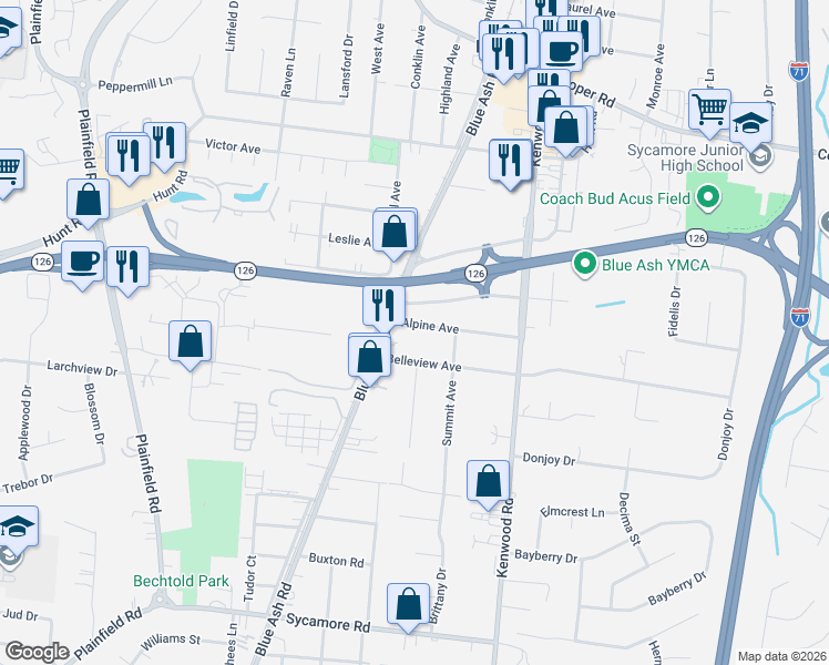 map of restaurants, bars, coffee shops, grocery stores, and more near 4615 Alpine Avenue in Cincinnati