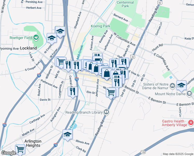 map of restaurants, bars, coffee shops, grocery stores, and more near 321 West Benson Street in Cincinnati