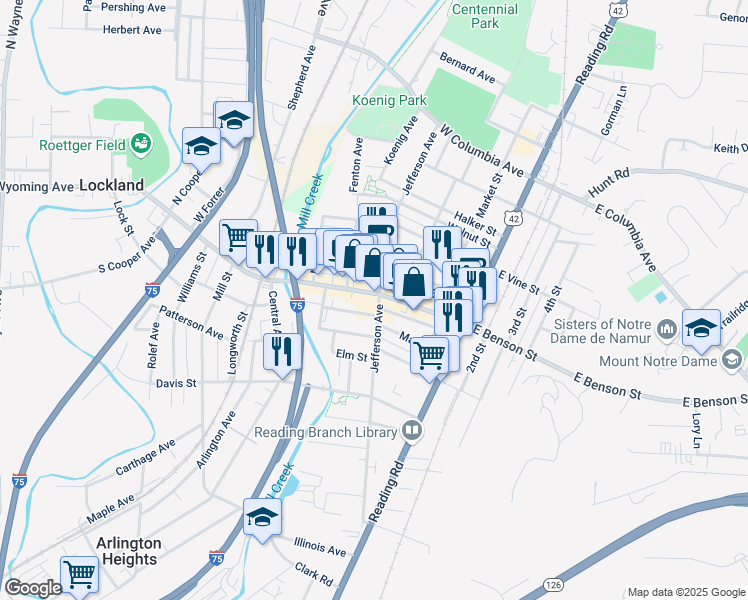 map of restaurants, bars, coffee shops, grocery stores, and more near 321 West Benson Street in Cincinnati