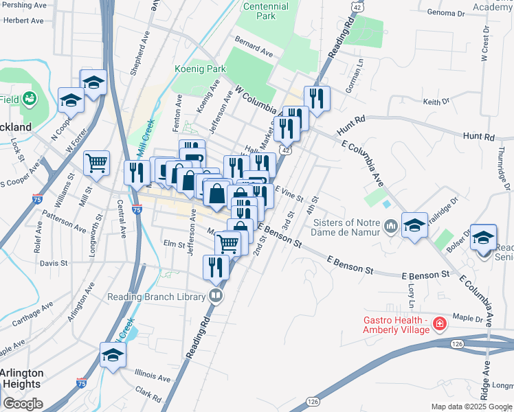 map of restaurants, bars, coffee shops, grocery stores, and more near 8921 Reading Road in Cincinnati