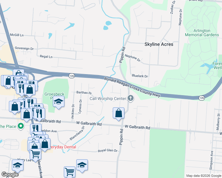 map of restaurants, bars, coffee shops, grocery stores, and more near 8421 Flamingo Lane in Cincinnati