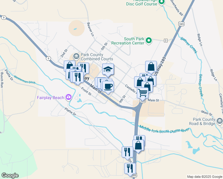 map of restaurants, bars, coffee shops, grocery stores, and more near 770 Hathaway Street in Fairplay