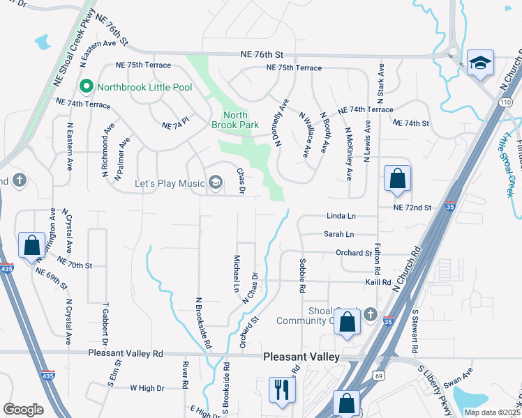 map of restaurants, bars, coffee shops, grocery stores, and more near 8200 Chas Circle in Pleasant Valley