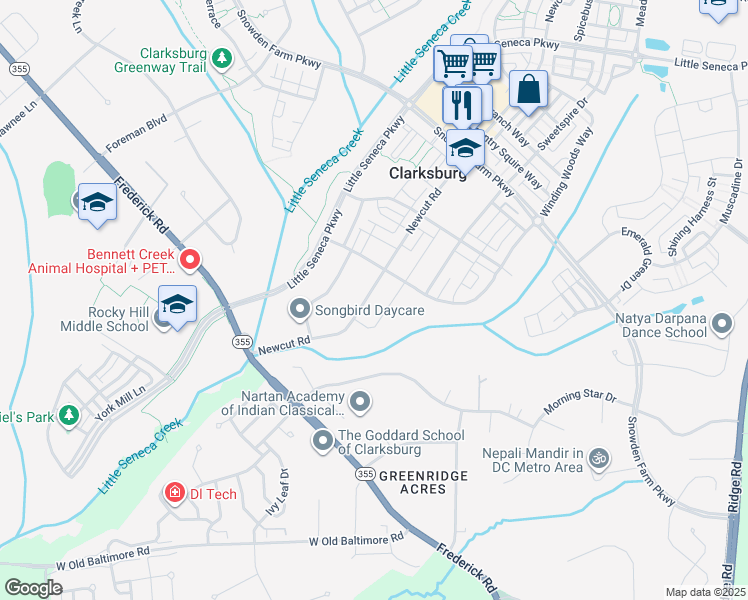 map of restaurants, bars, coffee shops, grocery stores, and more near 22409 Newcut Road in Clarksburg