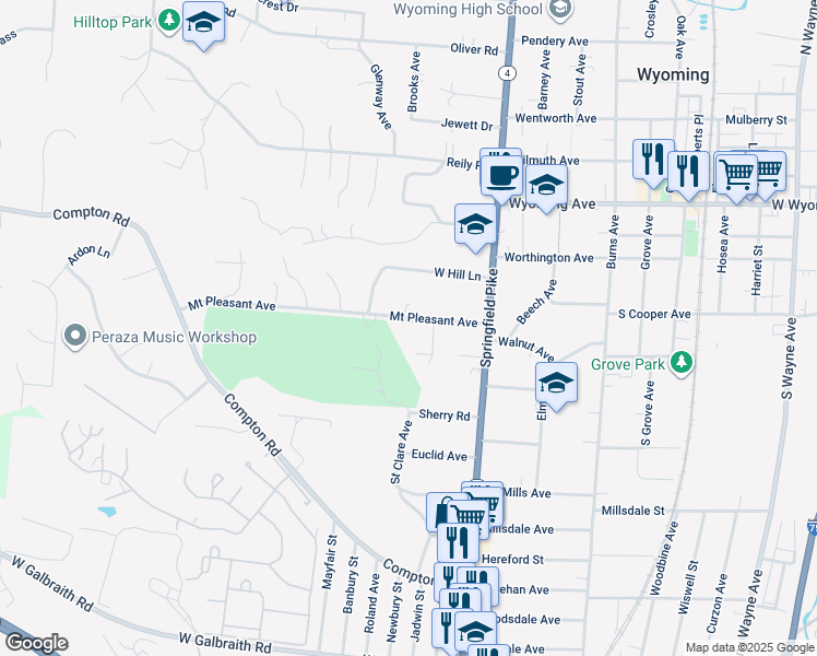 map of restaurants, bars, coffee shops, grocery stores, and more near 69 Mount Pleasant Avenue in Cincinnati