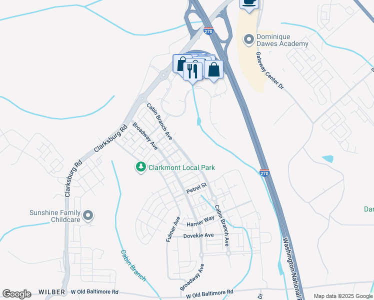 map of restaurants, bars, coffee shops, grocery stores, and more near 22461 Cabin Branch Avenue in Boyds