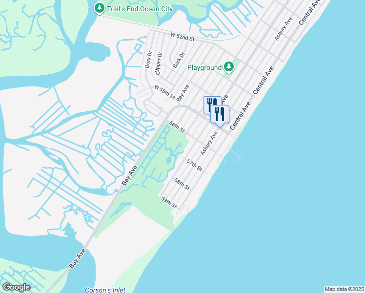 map of restaurants, bars, coffee shops, grocery stores, and more near 5609-33 Haven Avenue in Ocean City