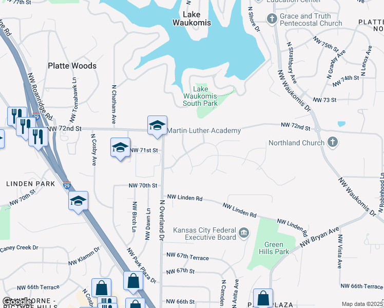 map of restaurants, bars, coffee shops, grocery stores, and more near 4915 Northwest 71st Street in Kansas City