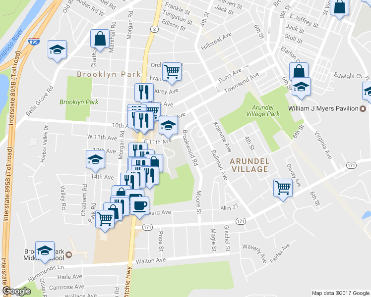 map of restaurants, bars, coffee shops, grocery stores, and more near 5100 Brookwood Road in Baltimore