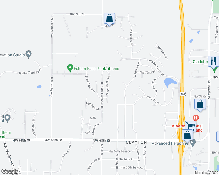 map of restaurants, bars, coffee shops, grocery stores, and more near 7123 North Wyoming Avenue in Kansas City