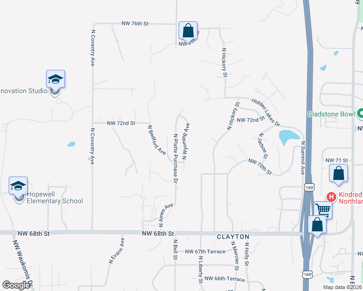 map of restaurants, bars, coffee shops, grocery stores, and more near 7124 North Wyoming Avenue in Kansas City