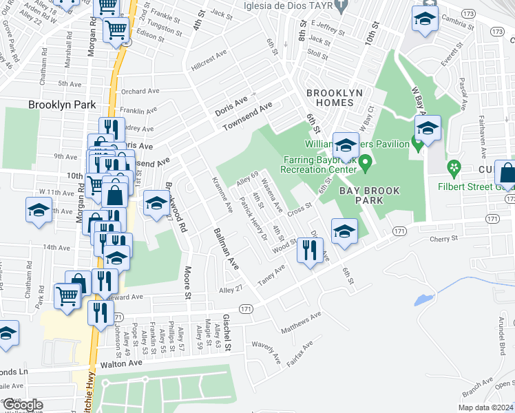 map of restaurants, bars, coffee shops, grocery stores, and more near 5222 4th Street in Baltimore