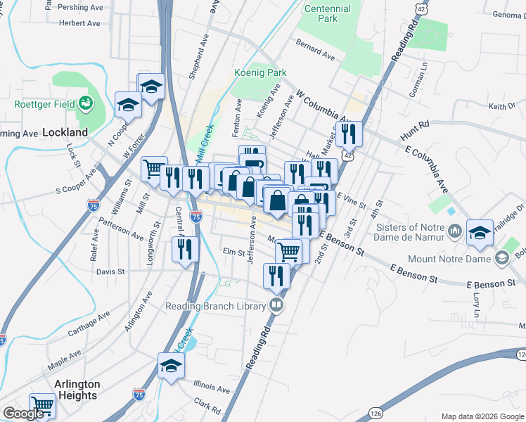 map of restaurants, bars, coffee shops, grocery stores, and more near 210 West Benson Street in Reading