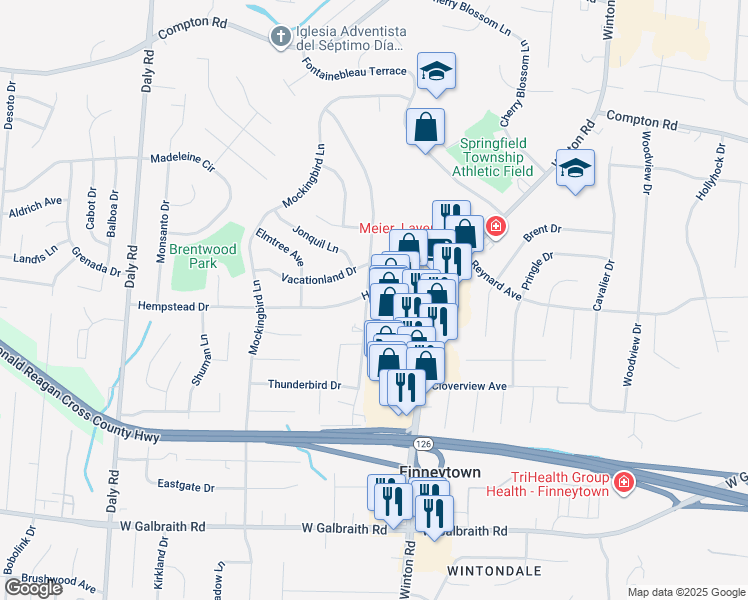 map of restaurants, bars, coffee shops, grocery stores, and more near 979 Hempstead Drive in Cincinnati