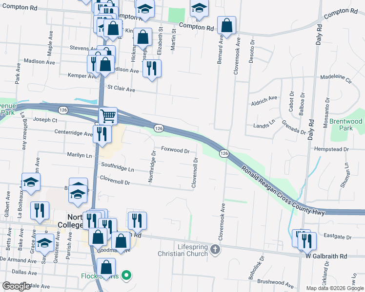 map of restaurants, bars, coffee shops, grocery stores, and more near 1472 Foxwood Drive in Cincinnati