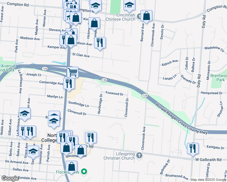 map of restaurants, bars, coffee shops, grocery stores, and more near 1488 Foxwood Drive in Cincinnati